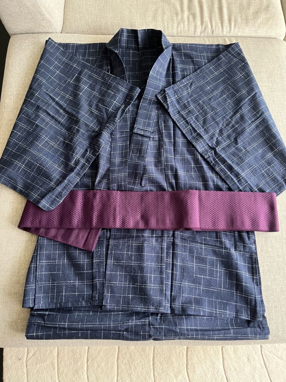 Men’s Navy Blue 100% Cotton Yukata with Plum Obi Sash Belt Set LL (XL)